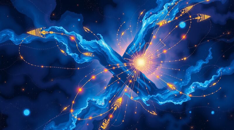 Stylizowana nebula w kształcie litery "X" symbolizuje xAI, Grok i Aurora. Kolory: błękit, fiolet, złoto.