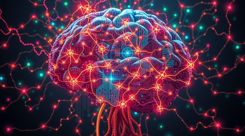 Mózg spleciony z sylwetkami ludzi, reprezentacja AI i sieci neuronowych, styl art nouveau.