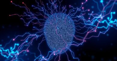 Bioluminescencyjna sieć neuronowa i tekst tworzą twarz, symbolizując fuzję AI i ludzkiego umysłu.