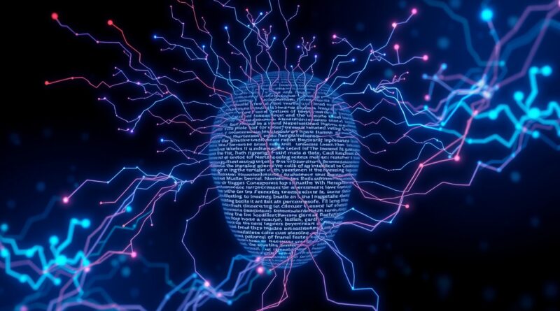 Bioluminescencyjna sieć neuronowa i tekst tworzą twarz, symbolizując fuzję AI i ludzkiego umysłu.