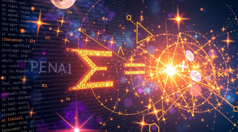 Złote równanie w kosmosie kodu, binary gwiazdy OpenAI i DeepMind symbolizują rywalizację AI.