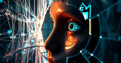 Neuronowa sieć spogląda w lustro, w którym odbija się interfejs przeglądarki; kod i światło łączą AI z siecią.