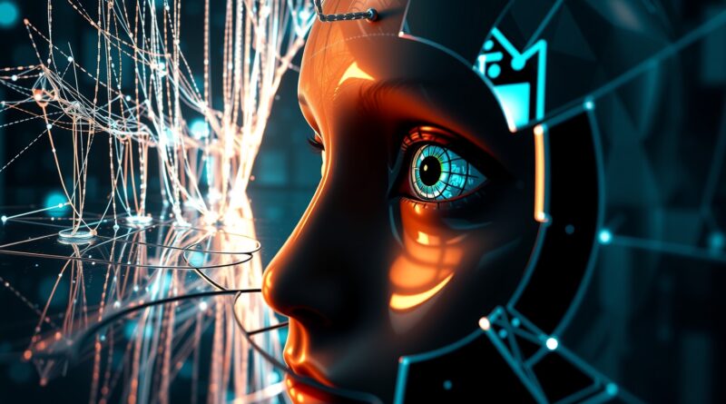 Neuronowa sieć spogląda w lustro, w którym odbija się interfejs przeglądarki; kod i światło łączą AI z siecią.