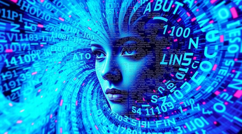 Cyfrowy kolaż: zniekształcona twarz otoczona fragmentami tekstu, symbolizujący AIPasta i dezinformację generowaną przez AI.