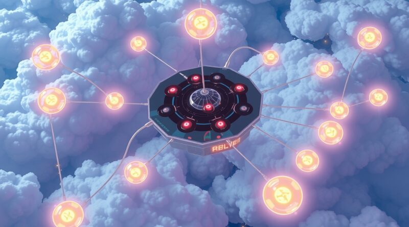 Eteryczny rynek AI w chmurach, połączony cyfrowymi pnączami i świecącymi orbami reprezentującymi agentów AI.