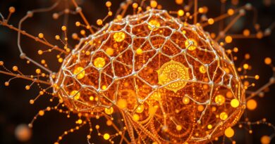 Iridescentna sieć neuronowa spleciona z abstrakcyjnymi symbolami matematycznymi, z głębią ostrości i wolumetrycznym oświetleniem.