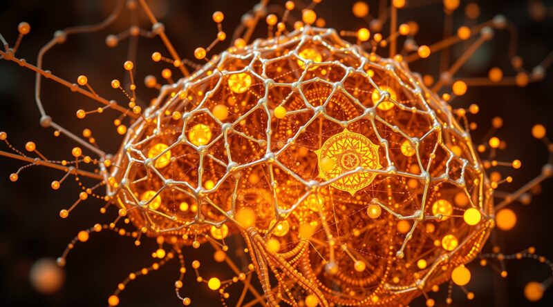 Iridescentna sieć neuronowa spleciona z abstrakcyjnymi symbolami matematycznymi, z głębią ostrości i wolumetrycznym oświetleniem.