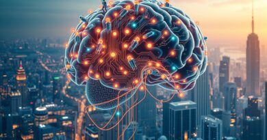 Cyfrowy mózg z agentami AI, futurystyczna wizja autonomicznych systemów i sieci neuronowych.