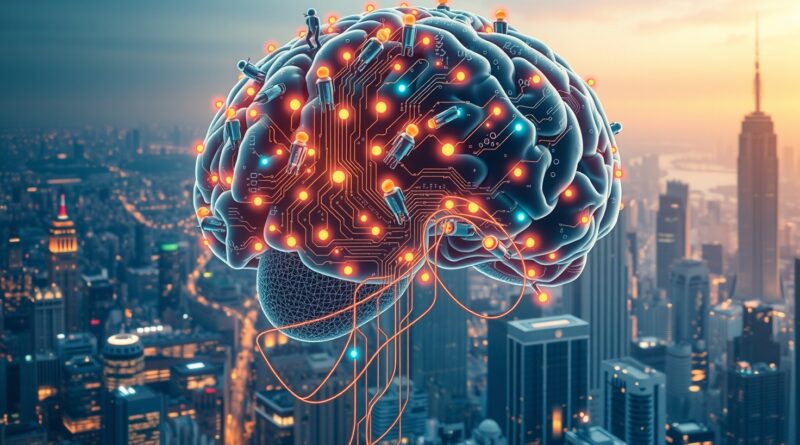 Cyfrowy mózg z agentami AI, futurystyczna wizja autonomicznych systemów i sieci neuronowych.