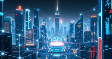 Futurystyczne miasto AI, węzły światła symbolizujące agentów, autonomiczny rdzeń. Ilustracja artykułu o agentach AI w 2025.