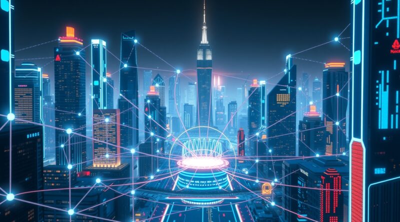 Futurystyczne miasto AI, węzły światła symbolizujące agentów, autonomiczny rdzeń. Ilustracja artykułu o agentach AI w 2025.