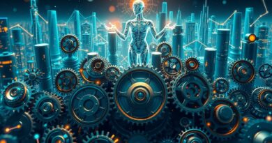 AI orkiestruje koła zębate biznesu w futurystycznym mieście, symbolizując automatyzację i innowację. Dynamiczne kolory, światła.