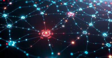 Sieć bioluminescencyjnych połączeń symbolizuje współpracę agentów AI, tworząc zintegrowany, inteligentny ekosystem.