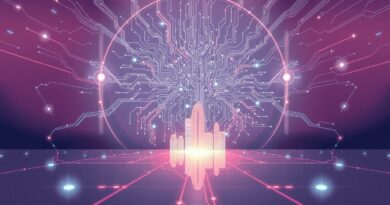 Abstrakcyjna sylwetka człowieka z obwodów drukowanych, sięgająca ku pastelowemu miastu, odzwierciedlająca możliwości i zagrożenia autonomicznej AI.