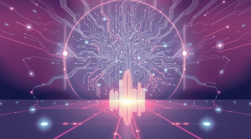 Abstrakcyjna sylwetka człowieka z obwodów drukowanych, sięgająca ku pastelowemu miastu, odzwierciedlająca możliwości i zagrożenia autonomicznej AI.