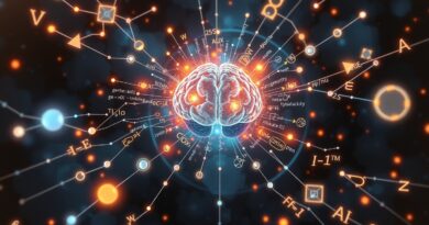 Połączone symbole matematyczne i równania w cyfrowej mgławicy, obok stylizowanego mózgu przetwarzającego strumienie danych AI.