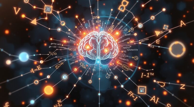 Połączone symbole matematyczne i równania w cyfrowej mgławicy, obok stylizowanego mózgu przetwarzającego strumienie danych AI.