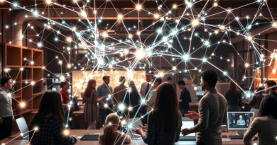 Sieć połączeń neuronowych w dynamicznej przestrzeni współpracy, symbolizująca synergię ludzi i AI w Atlassian.