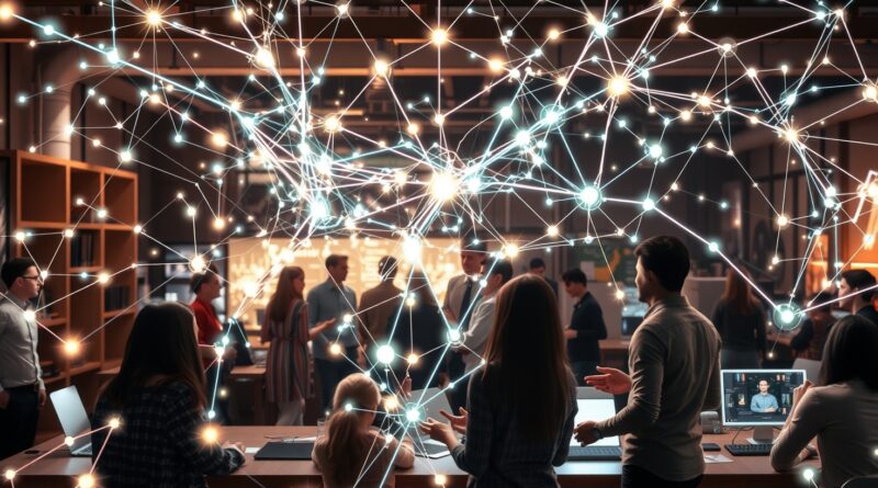 Sieć połączeń neuronowych w dynamicznej przestrzeni współpracy, symbolizująca synergię ludzi i AI w Atlassian.