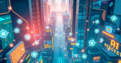 Futurystyczne miasto AI w korporacji, dynamika współpracy, innowacje, dominanta błękitów i pomarańczowych akcentów.