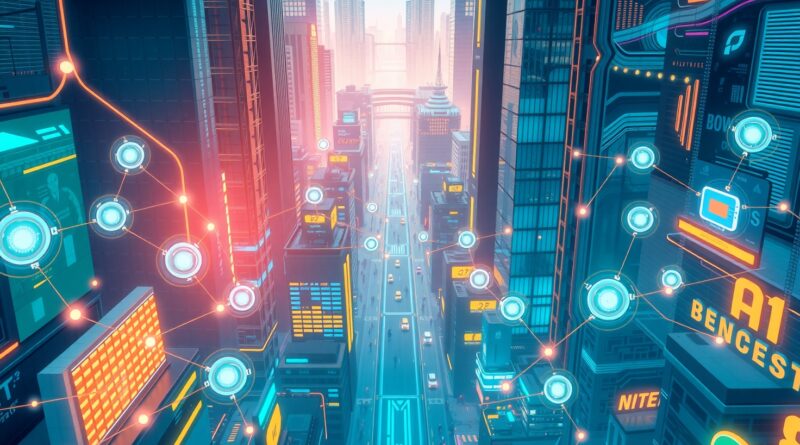 Futurystyczne miasto AI w korporacji, dynamika współpracy, innowacje, dominanta błękitów i pomarańczowych akcentów.