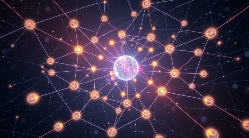 Kosmiczna sieć agentów AI połączonych pulsującymi światłami, symbolizująca autonomię i orkiestrację.