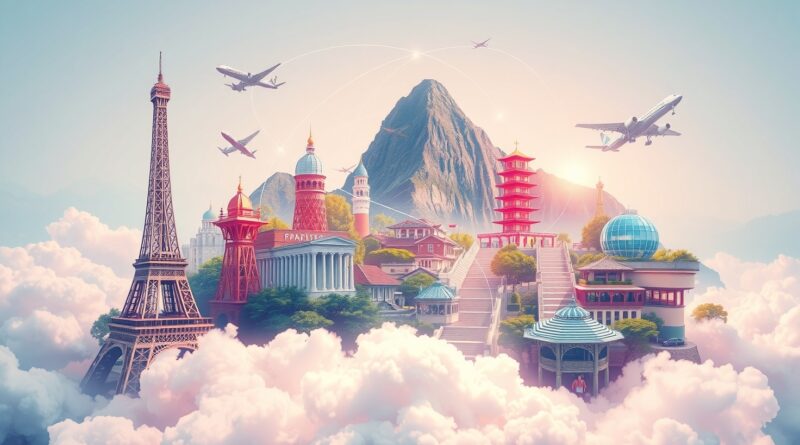 Eteryczny kolaż architektoniczny z Paryża, Tokio i Machu Picchu spowity chmurami, połączony siecią świateł.