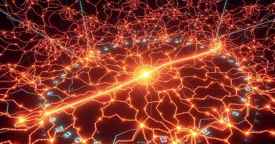 Skomplikowana sieć neuronowa AI, z pojedynczą jasną nicią reprezentującą przewidywalność Akka Agentic.