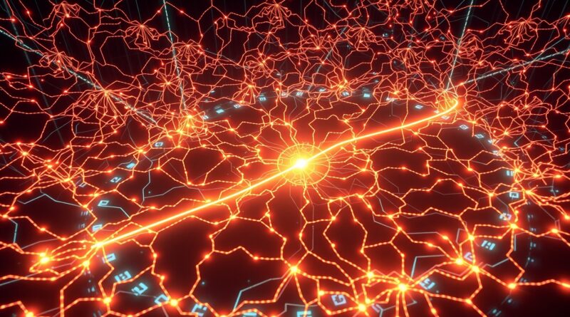Skomplikowana sieć neuronowa AI, z pojedynczą jasną nicią reprezentującą przewidywalność Akka Agentic.