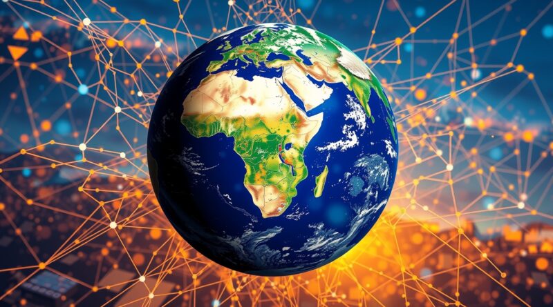 Abstrakcyjna wizja Ziemi spowita siecią danych, symbolizująca AlphaEarth Foundations i satelitarną kartografię Google DeepMind.