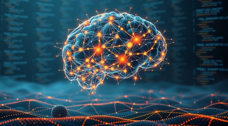 Abstrakcyjna sieć neuronowa w architekturze oprogramowania, z akcentami Amazon, symbolizująca AI-powered coding (Kiro).