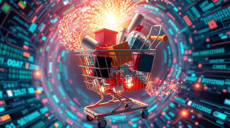 Cyfrowy wir danych przeobraża się w wózek pełen towarów, podświetlony AI, symbolizujący wzrost e-commerce podczas Amazon Prime Day.