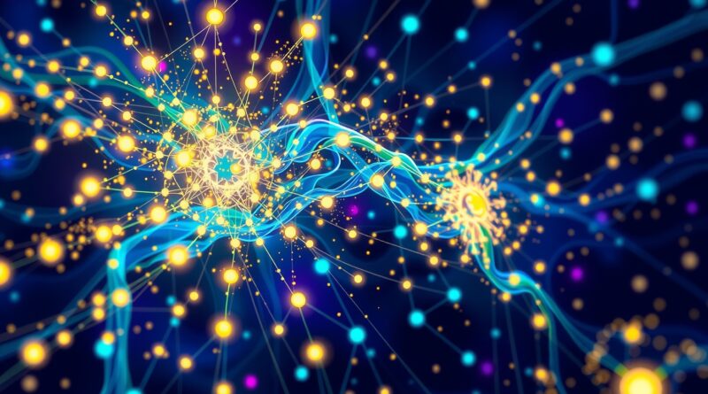 Abstrakcyjna wizualizacja pracy ChatGPT: połączone węzły neuronowe, przepływ danych, inteligencja, maszyna, uczenie. Kolory: błękit, purpura, zieleń, złoto.