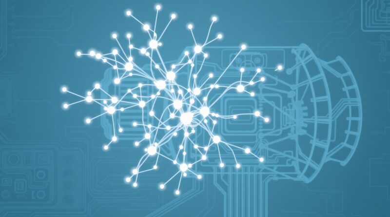 Eteryczna sieć neuronów nałożona na transparentny schemat zaawansowanej maszyny, symbolizująca transparentność AI i kontrolowany rozwój.