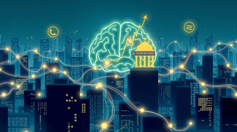 Futurystyczna panorama miasta spleciona z danymi finansowymi, symbolizująca siłę AI w finansach.