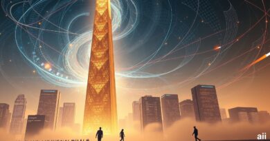 Abstrakcyjna panorama miasta AI. Wieże Anthropic świecą złotem, wyprzedzając OpenAI. Użytkownicy korporacyjni lgną do Anthropic.