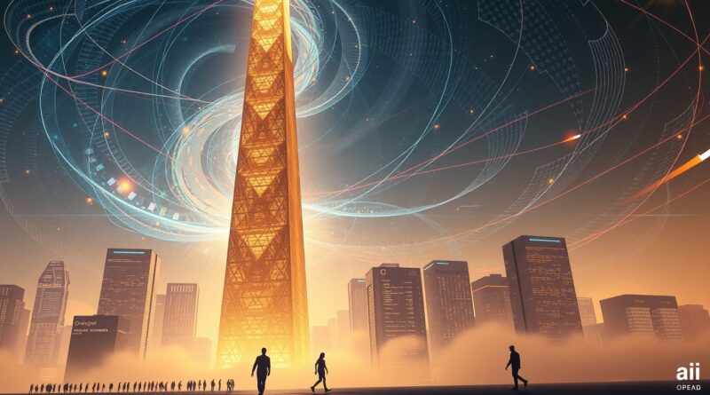 Abstrakcyjna panorama miasta AI. Wieże Anthropic świecą złotem, wyprzedzając OpenAI. Użytkownicy korporacyjni lgną do Anthropic.