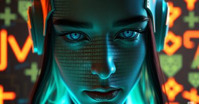 Portret AI Claude Code, twarz w kodzie binarnym, frustracja w oczach, neonowe glitche, art nouveau.