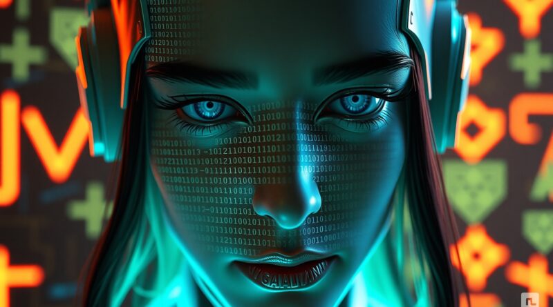 Portret AI Claude Code, twarz w kodzie binarnym, frustracja w oczach, neonowe glitche, art nouveau.