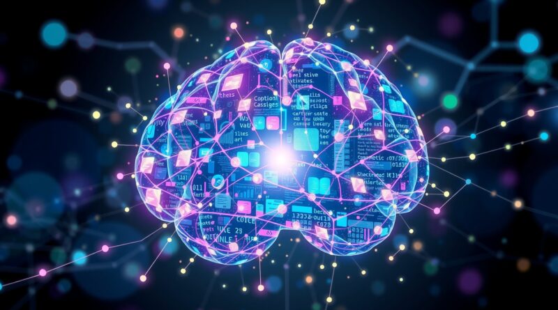 Abstrakcyjna grafika: cyfrowy mózg z kodu, symbolizujący AnyCoder i łatwe tworzenie web aplikacji z AI.