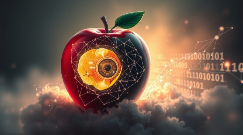 Jabłko splecione z siecią neuronową, w miejscu rdzenia ucho. Fuzja technologii i natury.