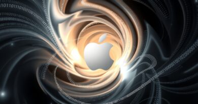 Abstrakcyjny wir w barwach Apple z binarnym kodem, przechodzący w logo firmy. Symbolizuje inwestycje w AI.