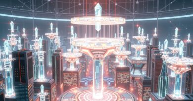 Futurystyczne miasto AI z kryształowymi strukturami agentów, promieniami danych i pastelową kolorystyką.