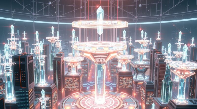 Futurystyczne miasto AI z kryształowymi strukturami agentów, promieniami danych i pastelową kolorystyką.