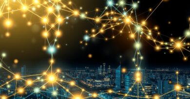 Eteryczna sieć neuronów w futurystycznym mieście, symbolizująca komunikację agentów AI (MCP, ACP, A2A).