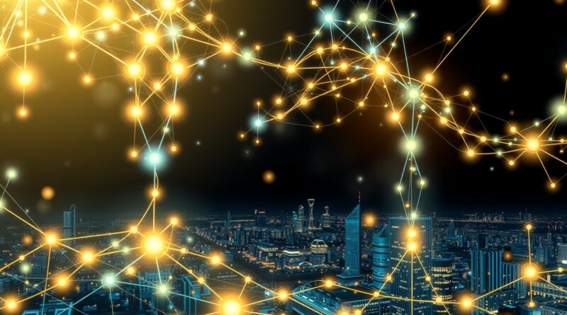 Eteryczna sieć neuronów w futurystycznym mieście, symbolizująca komunikację agentów AI (MCP, ACP, A2A).