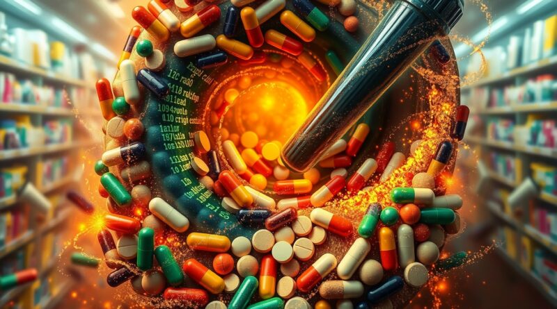 Abstrakcyjna wizja przyszłości farmacji: pigułki i kod w kształcie moździerza, złoto-zielony blask.