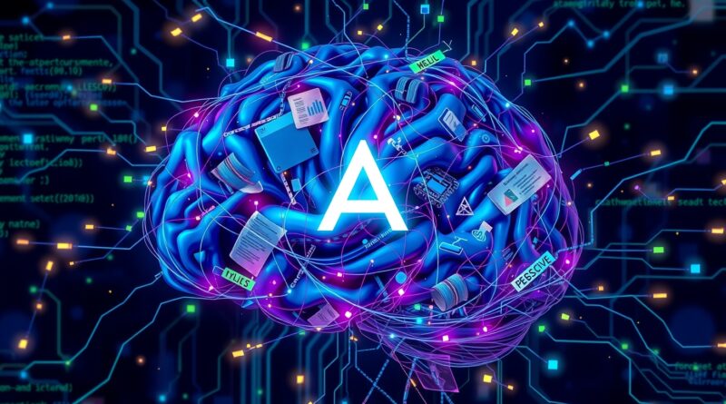 Cyfrowy mózg z kodu, ścieżek neuronowych i \"A\", symbolizujący AI Asimov wspierający rozwój oprogramowania.