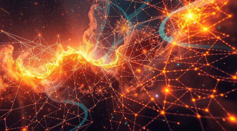 Kwitnąca sieć neuronowa jako nebula, symbolizująca autonomiczne odkrycia naukowe AI (AutoDS). Kosmiczny i surrealistyczny obraz.