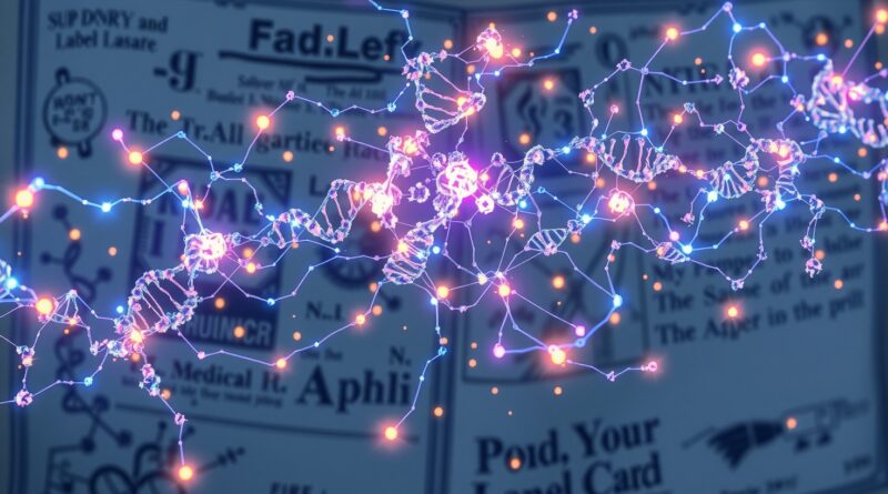 Abstrakcyjna wizja automatyzacji badań biomedycznych: neuronowa sieć, DNA, molekuły, literatura - innowacja w kolorach purpury, złota i błękitu.